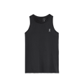 A black sleeveless women's tank top with a small brand logo on the chest.
