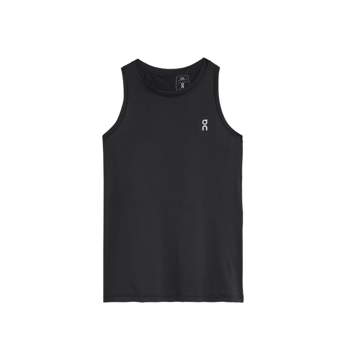 A black sleeveless women's tank top with a small brand logo on the chest.
