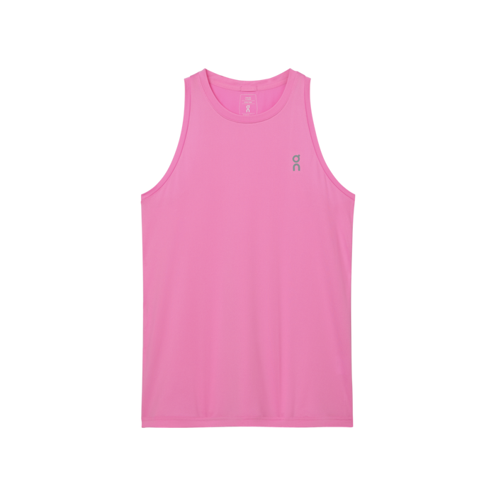 A pink sleeveless women's tank top with a round neckline and a small brand logo on the chest.