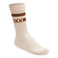 A pair of women's organic cotton crew socks with brown stripes and the BIRKENSTOCK logo on the ankle.