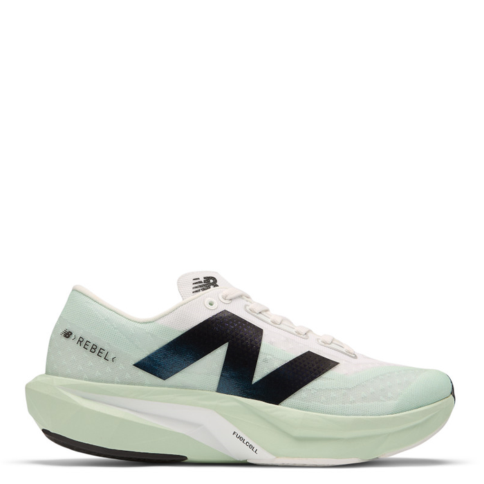 A pair of women's New Balance FuelCell Rebel v4 running shoes, primarily in green color with black accents and a white sole.