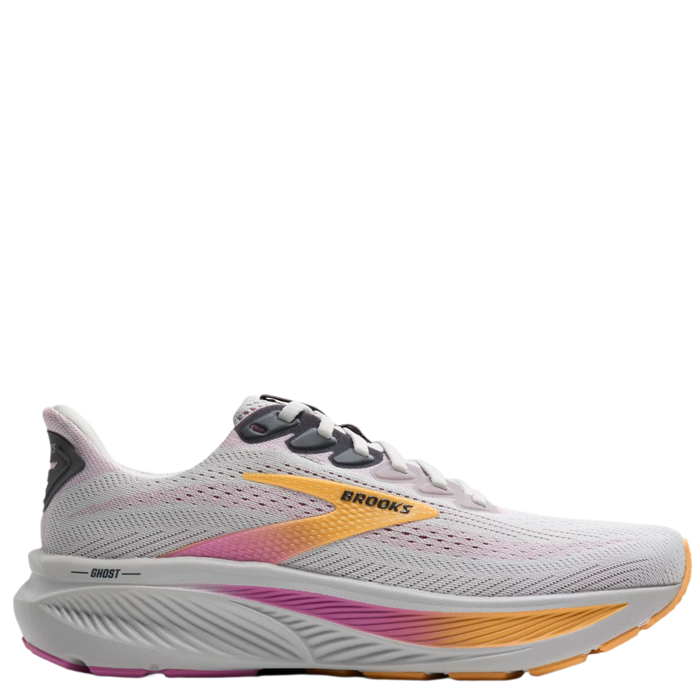 White running shoe with orange and pink accents on a white background