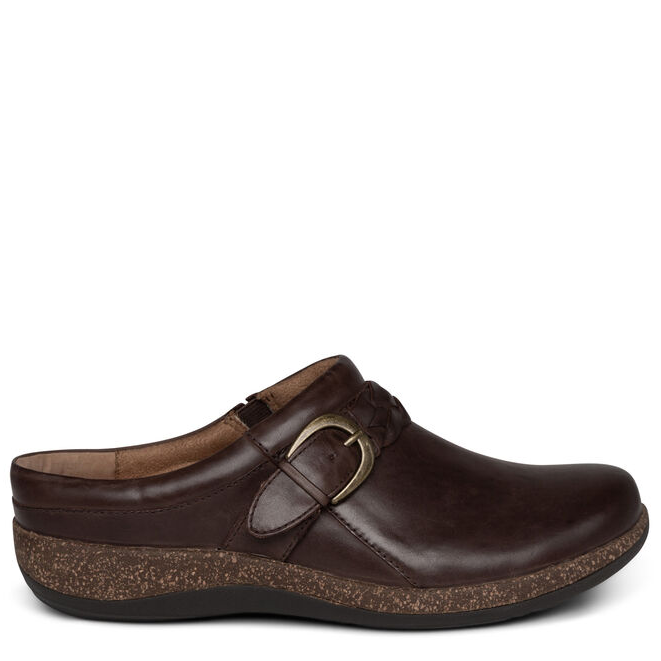 A brown women's clog with a buckle strap and visible Arch support, designed for comfort.