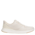 A pair of beige women's sneakers with a lace-up closure and a mesh knit upper.