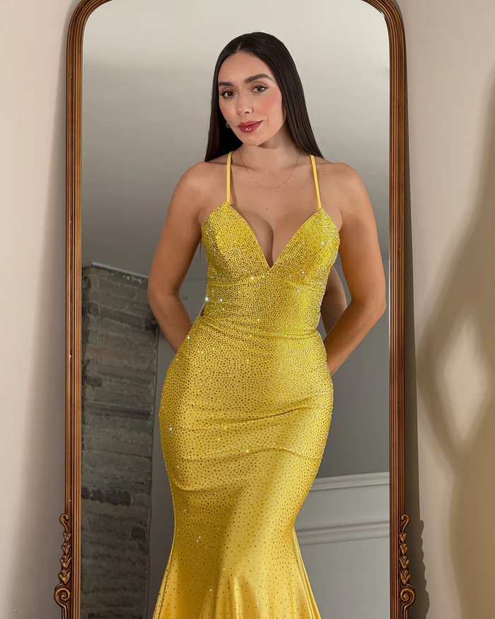 Women's Mermaid Satin Beaded Long Prom Dresses Sexy V Neck Evening Party Gowns