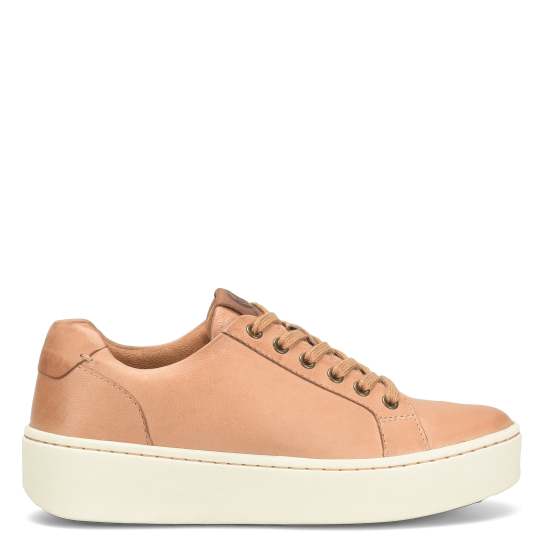 A women's casual sneaker with a tan upper, made of soft Italian leathers, and a flat sole.