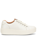 A white women's sneaker with a tan upper and a lace-up closure.