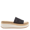 A woman's Portobello slide sandal with a woven stretch upper and a beige EVA wedge.