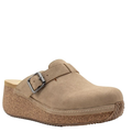 A beige faux leather mule with an adjustable buckle strap and a cork wedge heel.