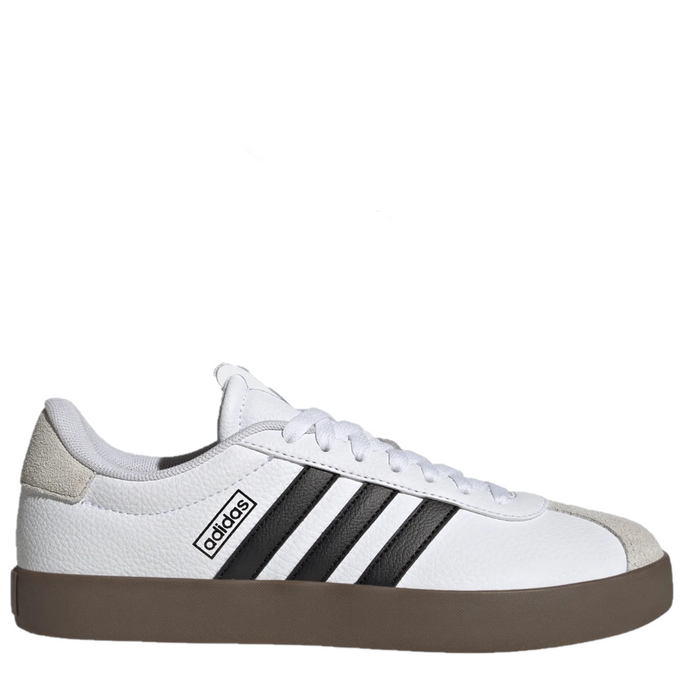 A pair of women's adidas VL Court 3.0 sneakers in white with black stripes and a brown sole.