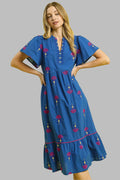 umgee embroidered blue midi dress up close