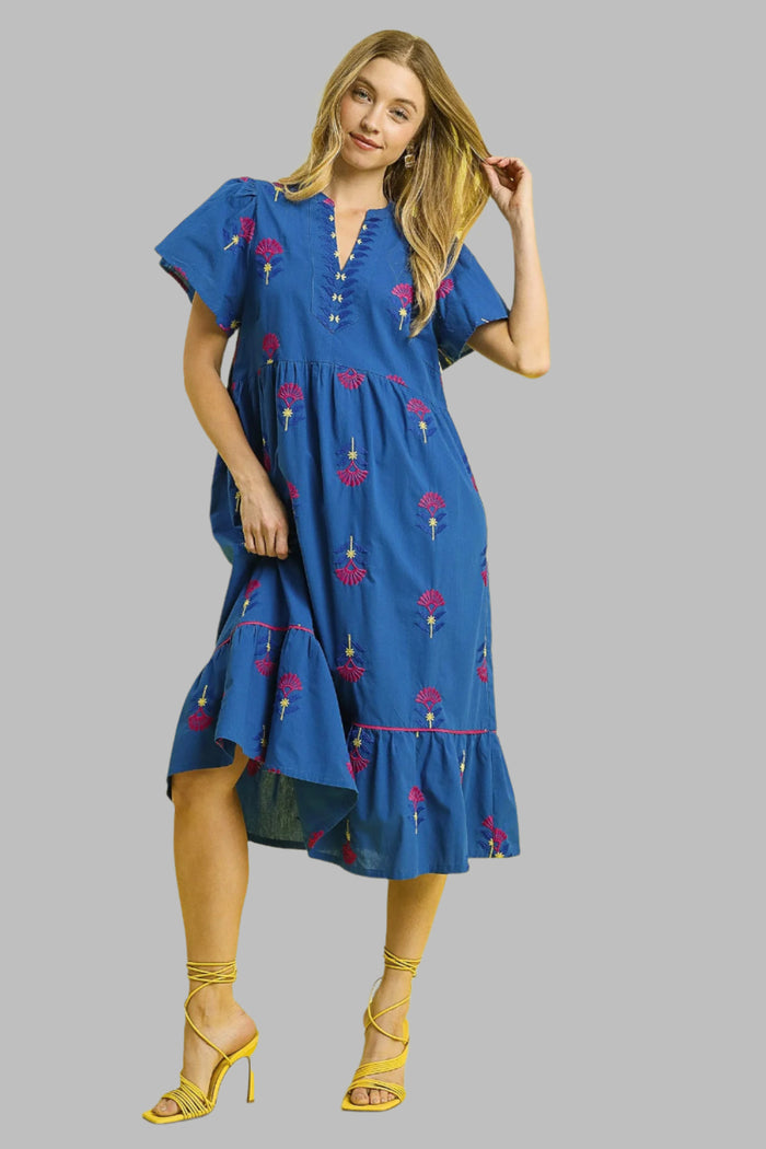 umgee embroidered blue midi dress far away