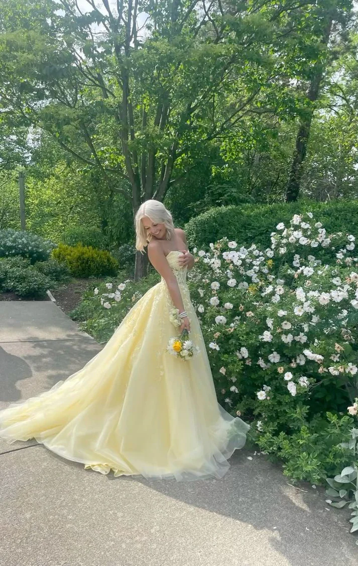 Yellow A Line Strapless Appliques Tulle Prom Dress Wedding Guest Dress