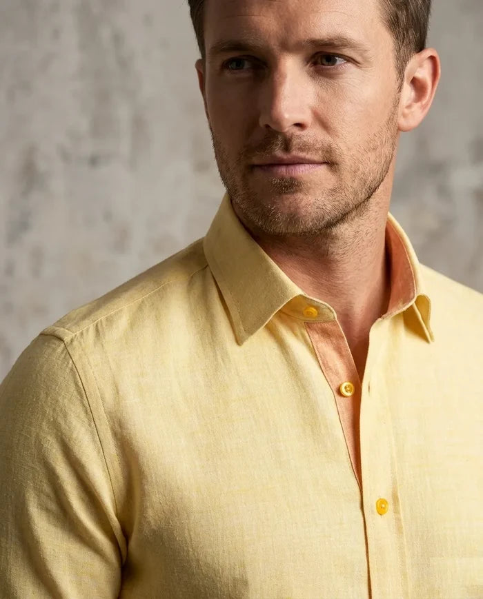 Yellow Linen Plain Short Sleeve Shirt