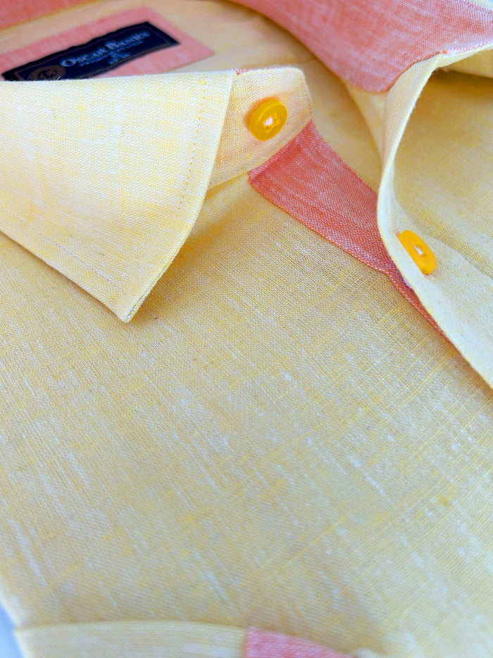 Yellow Linen Plain Short Sleeve Shirt-Makrom