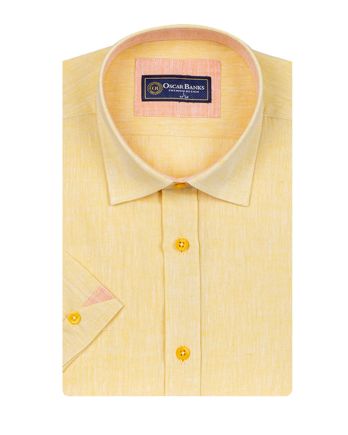 Yellow Linen Plain Short Sleeve Shirt-Makrom