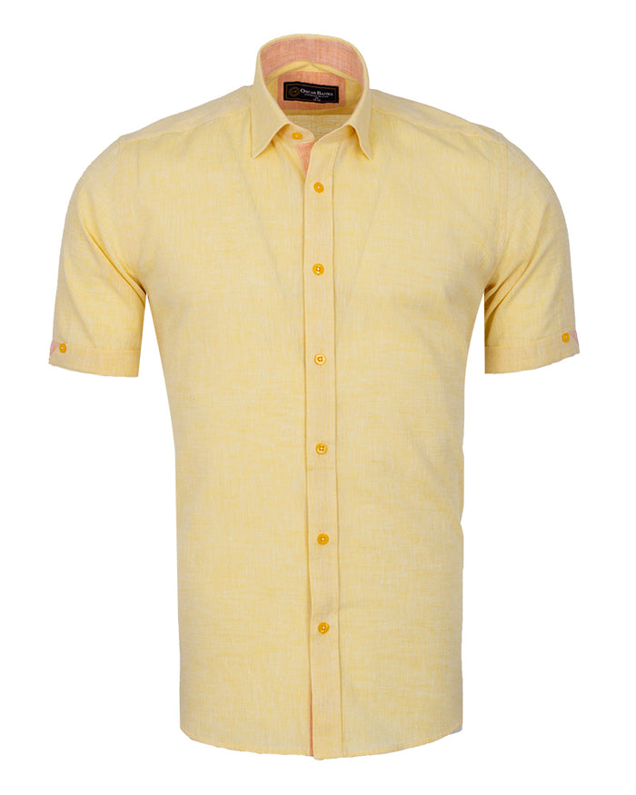 Yellow Linen Plain Short Sleeve Shirt-Makrom