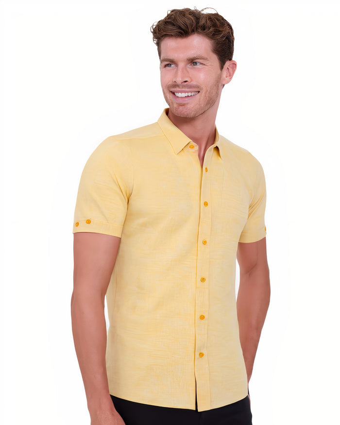 Yellow Linen Plain Short Sleeve Shirt-Makrom